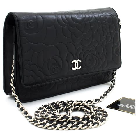 chanel black leather camellia wallet on a chain|Chanel wallet on chain size.